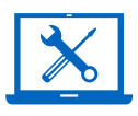 Illustration of a blue laptop with a spanner and screwdriver in the middle of the screen crossing over