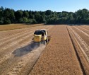 A combine harvesting a field in the summer.