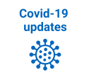 Covid-19 updates in blue bold text on a white background with a blue germ graphic underneath