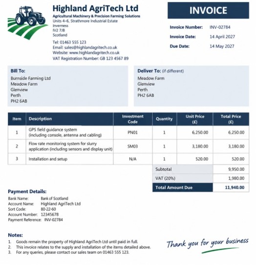 Example of an acceptable future farming investment scheme 2026 invoice