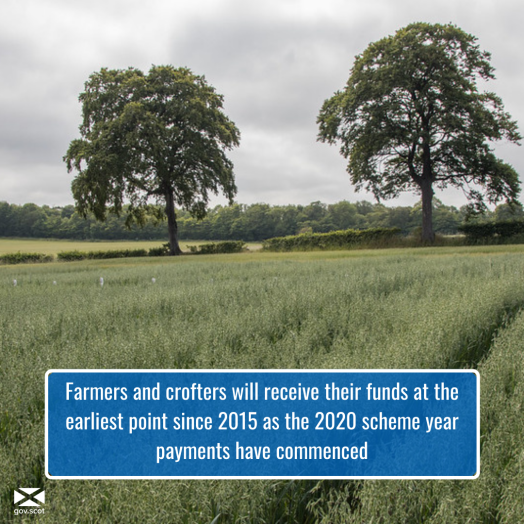 Photo of crop field with two trees with a blue text box over the image
