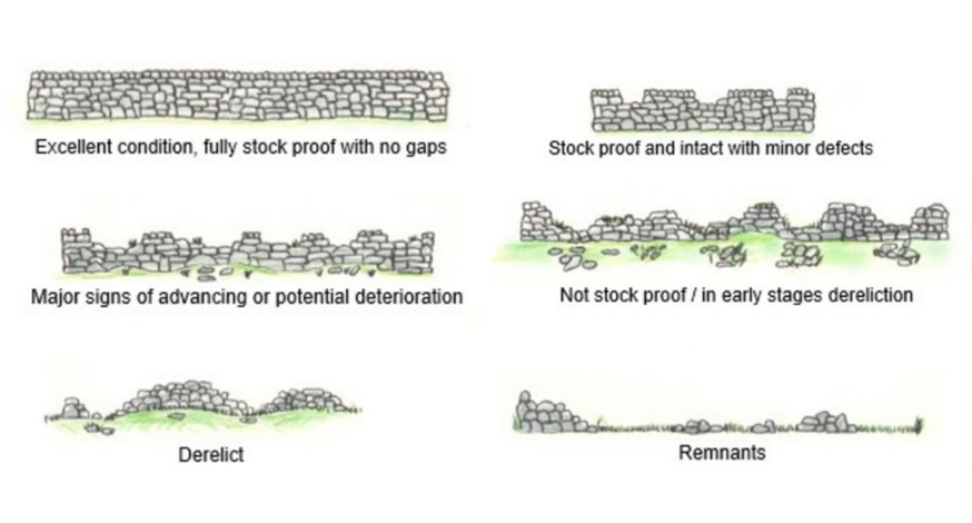 A chart showing six stages of dry‑stone wall condition, from a complete, gap‑free wall to minor defects, deterioration, not stock‑proof, derelict, and finally scattered remnants.
