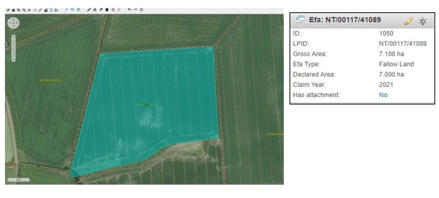 Aerial photography image of a field highlighted in blue representing and EFA fallow.