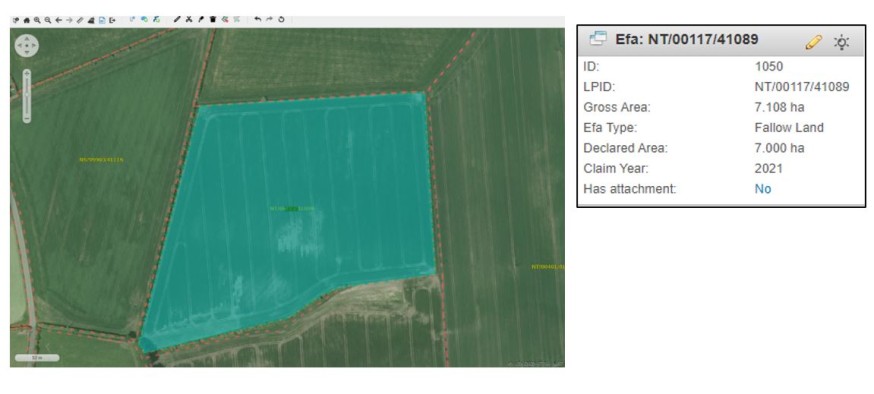 Aerial photography image of a field highlighted in blue representing and EFA fallow. Aerial photography image of a field highlighted in blue representing and EFA fallow.