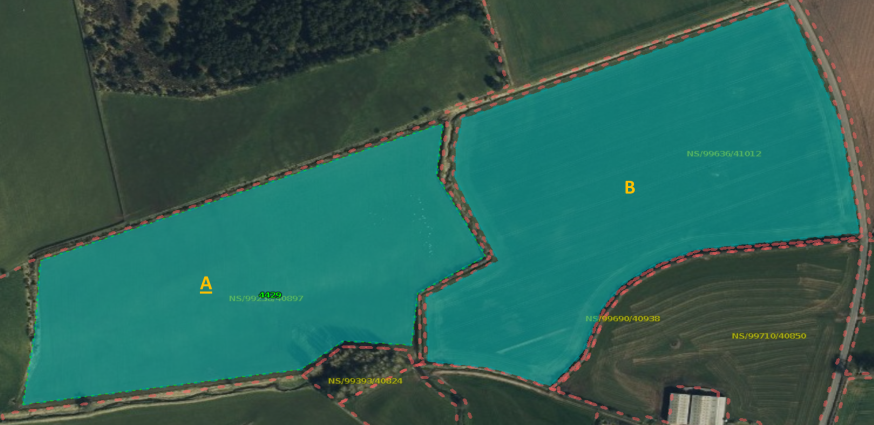 Aerial photography of two fields highlighted in blue.