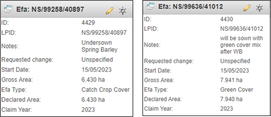 IDs, start date, notes, gross area, efa type, declared area and claim years for two efas.