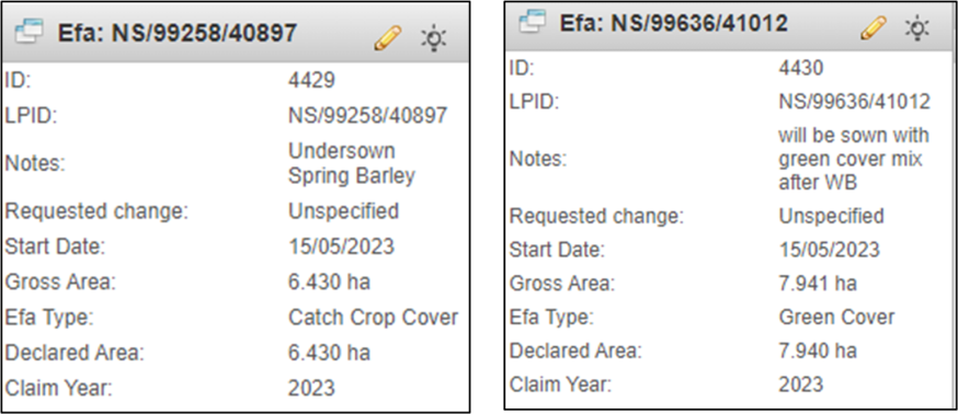 IDs, start date, notes, gross area, efa type, declared area and claim years for two efas. IDs, start date, notes, gross area, efa type, declared area and claim years for two efas.