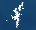 White silhouette of a map of Shetland on a blue background