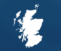 White silhouette map of Scotland on a blue background